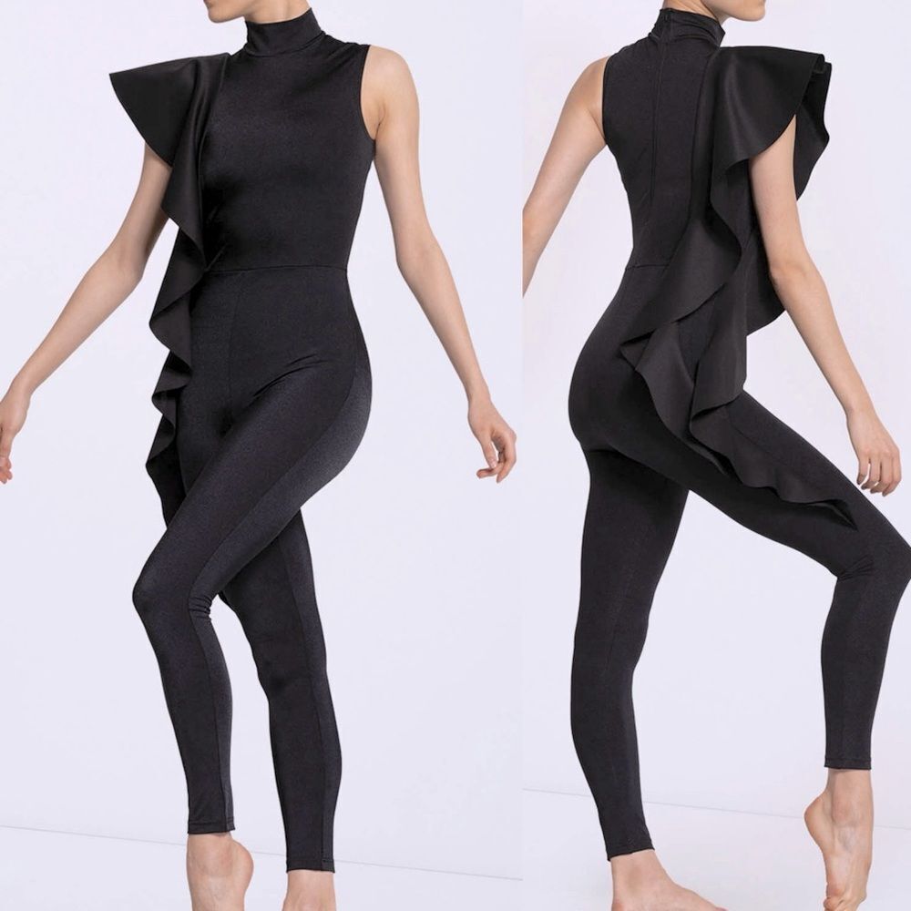 WEISSMAN Dance Costume black asymmetrical ruffl jumpsuit My Little Love 14436 SA